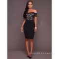 woman sexy black lace strapless hollow out midi dress